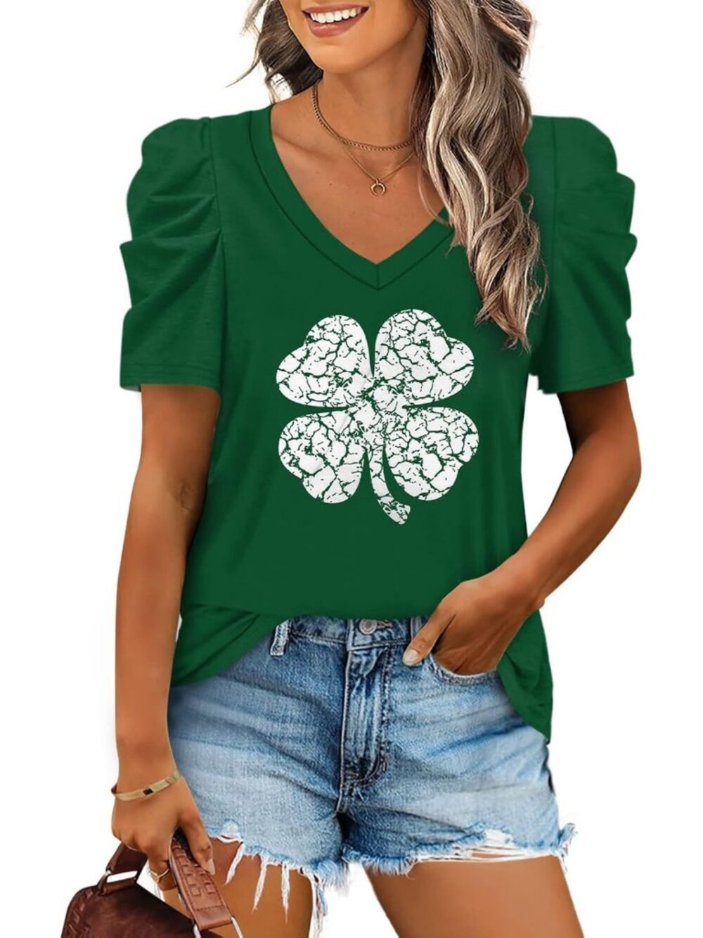 Women's Clover Polyester Blend Puff Sleeve V Neck Pull On Casual Henley Shirts